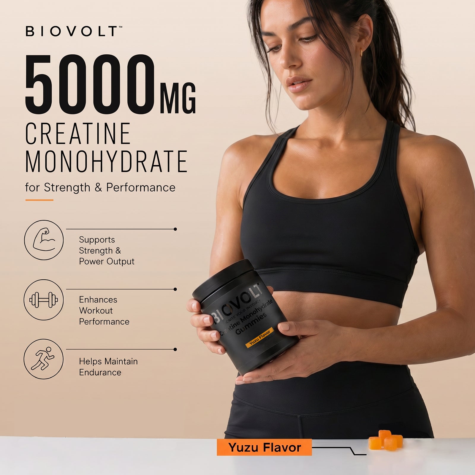 Creatine Monohydrate Gummies 5000mg for Men & Women - Sugar Free Pre Workout Creatine with AstraGin®, L-Taurine & B12, Supports Strength, Energy, Muscle Growth & Recovery, Yuzu Flavor, 120 Count
